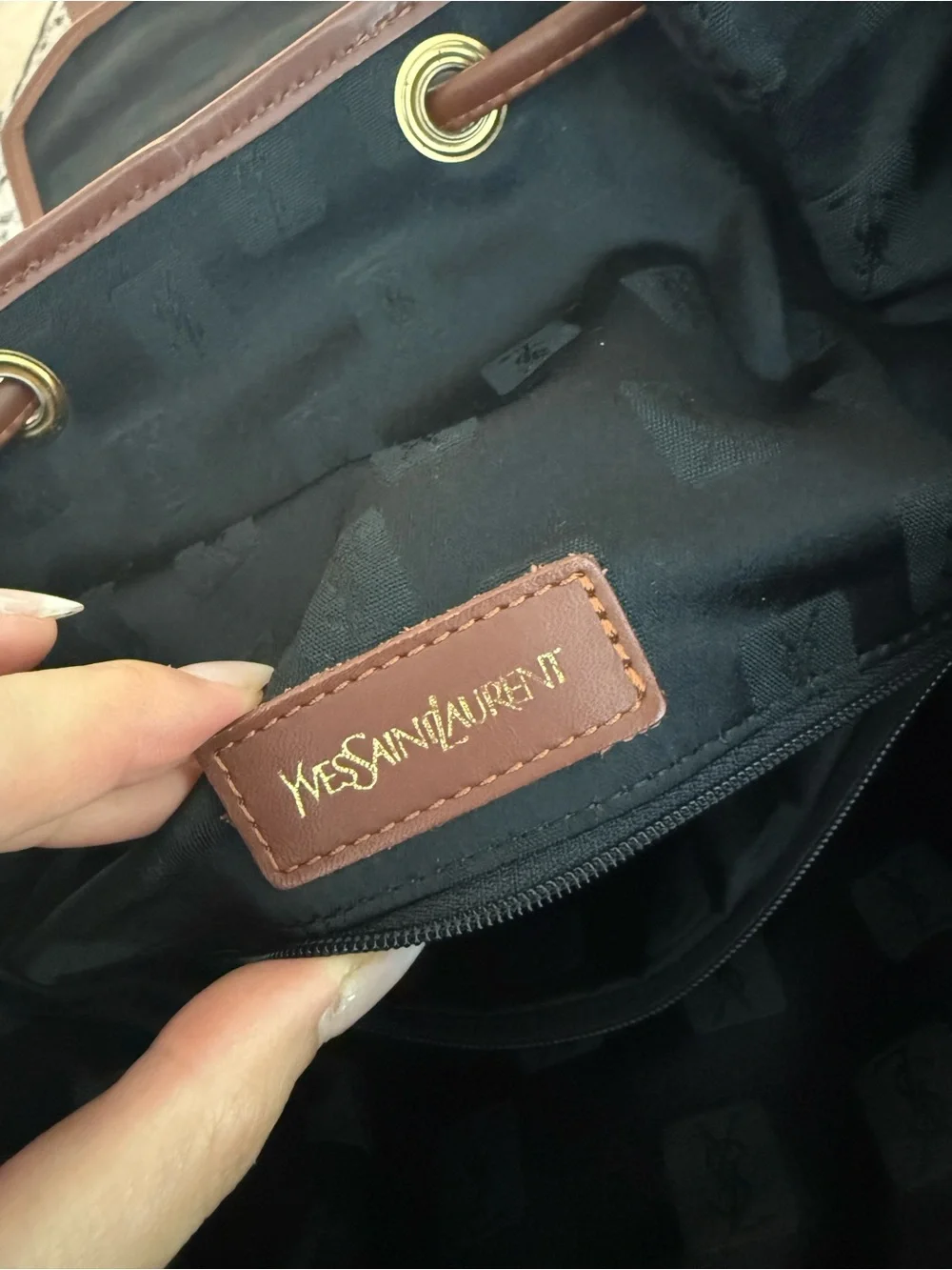Yves Saint Laurent Navy Blue and Brown Leather-Trim Backpack